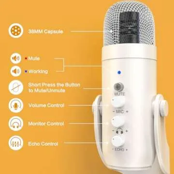 ZealSound USB Microphone,Quick Mute Noise Cancel for Phone Computer PC PS5,Gaming Microphone with Gain Control,Echo Monitor Volume Adjust for Streaming Vocal Recording ASMR Podcast Video K66 White