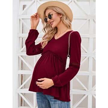 Coolmee Women's Maternity Puff Long Sleeve Shirts V Neck Tops Casual Fall Ruffle Babydoll Loose Flowy Hollow Out Tunic blouse Burgundy L