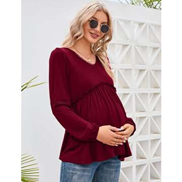 Coolmee Women's Maternity Puff Long Sleeve Shirts V Neck Tops Casual Fall Ruffle Babydoll Loose Flowy Hollow Out Tunic blouse Burgundy L