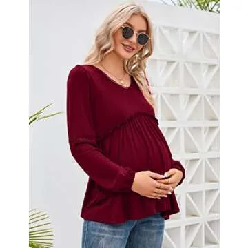 Coolmee Women's Maternity Puff Long Sleeve Shirts V Neck Tops Casual Fall Ruffle Babydoll Loose Flowy Hollow Out Tunic blouse Burgundy L