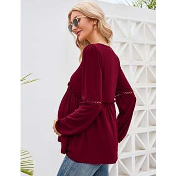 Coolmee Women's Maternity Puff Long Sleeve Shirts V Neck Tops Casual Fall Ruffle Babydoll Loose Flowy Hollow Out Tunic blouse Burgundy L