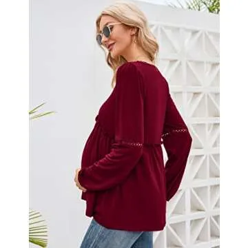 Coolmee Women's Maternity Puff Long Sleeve Shirts V Neck Tops Casual Fall Ruffle Babydoll Loose Flowy Hollow Out Tunic blouse Burgundy L