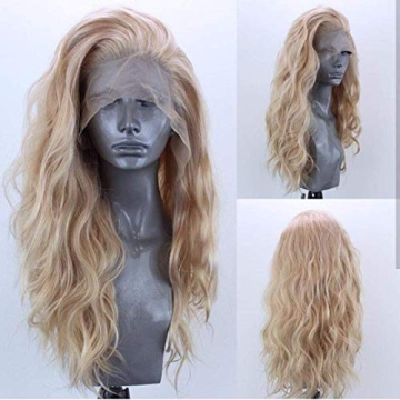 ELESTY Long Natural Curly Glueless Lace Front Wig Gloden Blonde Synthetic Lace Front Wigs for Women ...