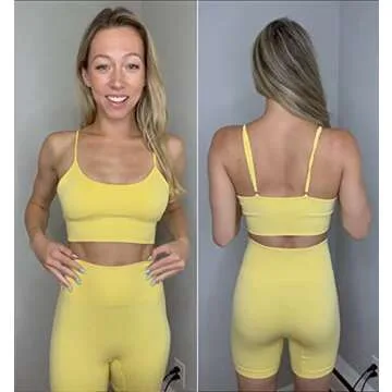 Ourgifts Workout Sets for Women 2 Piece Outfits Gym Shorts Women High Waisted with Adjustable Padded Sports Bra Gym Sets（A0010L-Yellow）