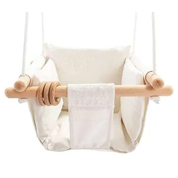 Mlian Secure Canvas and Wooden Baby Hanging Swing Seat Chair Indoor Outdoor Hammock Backyard Outside Kids Toys Swings 6-36 Months with Lace Décor Cushion Natural Ring, Beige