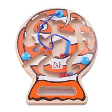 Hape Go-Fish-Go Maze Puzzle Magnetic Wooden Bead Happy Clown Fish Educational Travel Toy Game for Toddlers and Kids, Orange and White