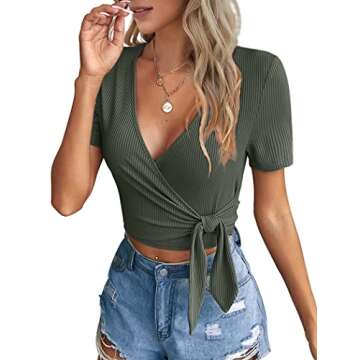 Womens Shirts Casual Summer Tie Front Wrap Cross Crop Tops Slim Fit Grey Green L