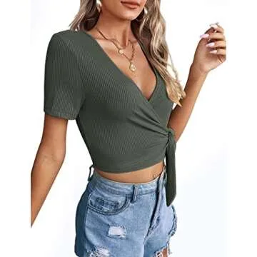 Womens Shirts Casual Summer Tie Front Wrap Cross Crop Tops Slim Fit Grey Green L