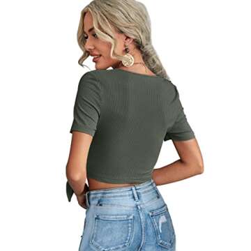 Womens Shirts Casual Summer Tie Front Wrap Cross Crop Tops Slim Fit Grey Green L
