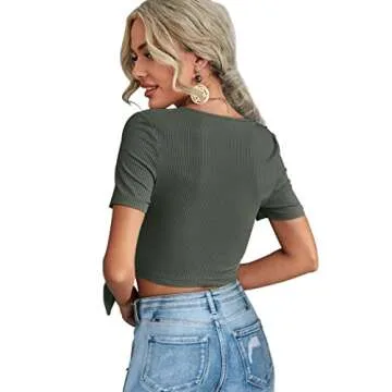 Womens Shirts Casual Summer Tie Front Wrap Cross Crop Tops Slim Fit Grey Green L