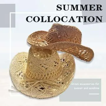 Straw Cowboy Hats with Sunglasses for Women and Men Sparkly Western Cowgirl Hat for Holiday Party Foldable Vacation Beach Sun Hat with Wide Brim,Beige