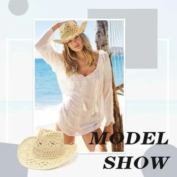 Straw Cowboy Hats with Sunglasses for Women and Men Sparkly Western Cowgirl Hat for Holiday Party Foldable Vacation Beach Sun Hat with Wide Brim,Beige