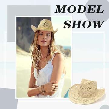 Straw Cowboy Hats with Sunglasses for Women and Men Sparkly Western Cowgirl Hat for Holiday Party Foldable Vacation Beach Sun Hat with Wide Brim,Beige