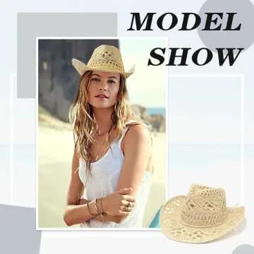 Straw Cowboy Hats with Sunglasses for Women and Men Sparkly Western Cowgirl Hat for Holiday Party Foldable Vacation Beach Sun Hat with Wide Brim,Beige