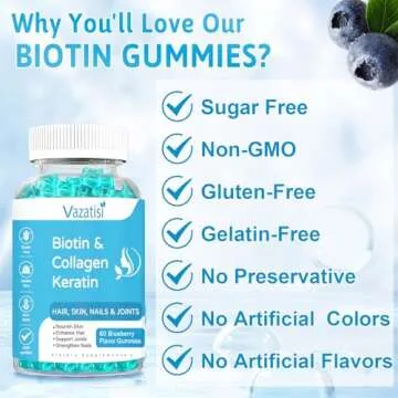 2 Pack Biotin Gummies with Collagen & Keratin for Hair Skin Nails & Joints- Women Men, Kids - 120 Blueberry Flavored Gummies
