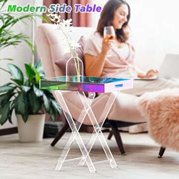 RAINBEAN Acrylic Coffee Table, Folding Iridescent Table, Unique Side Table with Tray, Mordern End Table for Living Room, Bedroom and Outside (Rainbow,Foldable)