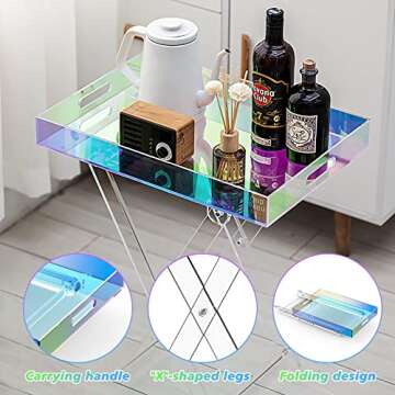 RAINBEAN Acrylic Coffee Table, Folding Iridescent Table, Unique Side Table with Tray, Mordern End Table for Living Room, Bedroom and Outside (Rainbow,Foldable)