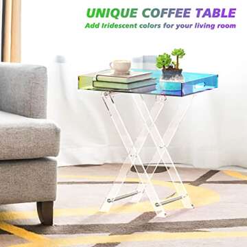 RAINBEAN Acrylic Coffee Table, Folding Iridescent Table, Unique Side Table with Tray, Mordern End Table for Living Room, Bedroom and Outside (Rainbow,Foldable)