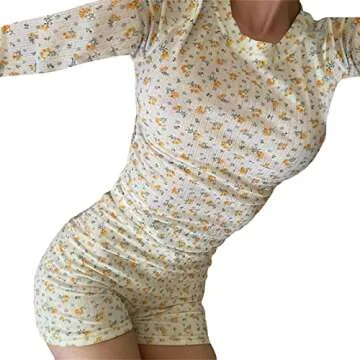 Mtsebmves Women Y2k Long Sleeve One Piece Rompers Jumpsuit Floral Print Bodycon Bodysuit Shorts Pajama Onesie(C-Yellow,L)