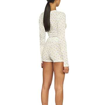 Mtsebmves Women Y2k Long Sleeve One Piece Rompers Jumpsuit Floral Print Bodycon Bodysuit Shorts Pajama Onesie(C-Yellow,L)