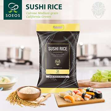 Soeos Premium Sushi Rice, Calrose Rice, Medium Grain, White Sticky Rice, 5 Pound