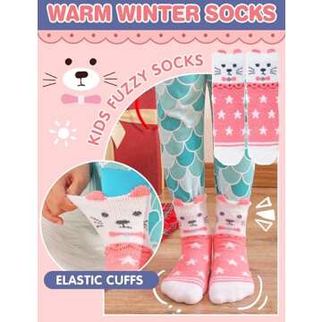 EBMORE Girls Kids Toddler Fuzzy Socks with Grips Non Slip Slipper Socks Crew Cabin Cozy Fluffy Hospital Warm Winter Socks 6 Pairs, Animal, 4-7 Years