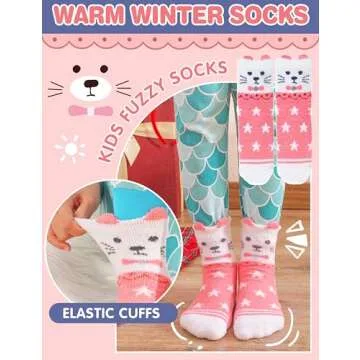 EBMORE Girls Kids Toddler Fuzzy Socks with Grips Non Slip Slipper Socks Crew Cabin Cozy Fluffy Hospital Warm Winter Socks 6 Pairs, Animal, 4-7 Years