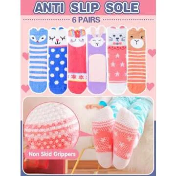EBMORE Girls Kids Toddler Fuzzy Socks with Grips Non Slip Slipper Socks Crew Cabin Cozy Fluffy Hospital Warm Winter Socks 6 Pairs, Animal, 4-7 Years