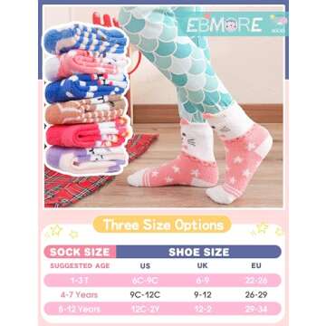 EBMORE Girls Kids Toddler Fuzzy Socks with Grips Non Slip Slipper Socks Crew Cabin Cozy Fluffy Hospital Warm Winter Socks 6 Pairs, Animal, 4-7 Years