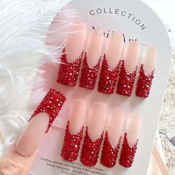 NAIL ANGEL 10pcs Handmade Press On Nail Tips Red Rhinestone French XXL Long Coffin Types Artifical N...