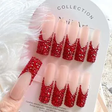 NAIL ANGEL 10pcs Handmade Press On Nail Tips Red Rhinestone French XXL Long Coffin Types Artifical N...