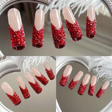 NAIL ANGEL 10pcs Handmade Press On Nail Tips Red Rhinestone French XXL Long Coffin Types Artifical Nails Party Nails Glitter Rhinestones ZJ-02 (M)