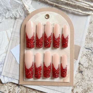 NAIL ANGEL 10pcs Handmade Press On Nail Tips Red Rhinestone French XXL Long Coffin Types Artifical Nails Party Nails Glitter Rhinestones ZJ-02 (M)