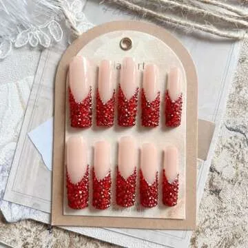 NAIL ANGEL 10pcs Handmade Press On Nail Tips Red Rhinestone French XXL Long Coffin Types Artifical Nails Party Nails Glitter Rhinestones ZJ-02 (M)