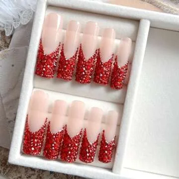 NAIL ANGEL 10pcs Handmade Press On Nail Tips Red Rhinestone French XXL Long Coffin Types Artifical Nails Party Nails Glitter Rhinestones ZJ-02 (M)