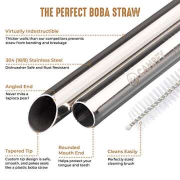 CAMPFY Reusable Boba Cup with Lids and Straw - Bubble Tea Cup - Boba Tea Cup - Smoothie Cup - 2 Glass Wide Mouth Ball Mason Jars 32oz with Bamboo Lids - 2 Angled-Tip Boba Straws