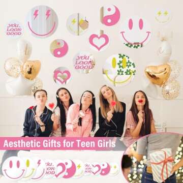 DARENYI 6 inch Preppy Mirror Tiles Preppy Room Decor for Teen Girls, 3Pcs Round Acrylic Mirror Wall Stickers Self Adhesive Mirror Sheets Decorative Mirror for Wall Bathroom Bedroom Living Room