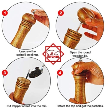 Premium Oak Wood Pepper Mill - 8 Inch Adjustable Grinder