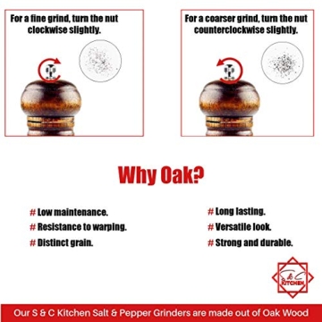 Premium Oak Wood Pepper Mill - 8 Inch Adjustable Grinder