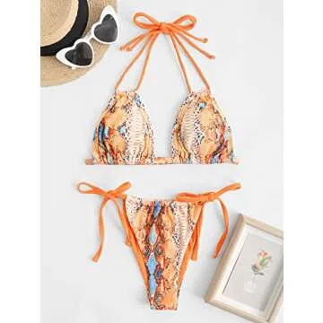 ZAFUL Triangle Bikini for Women 2 Piece Halter Bikini Sets Sexy High Cut Bathing Suit Side Tie Swimsuits Orange Snakeskin S