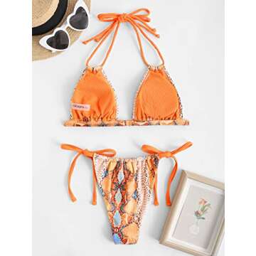 ZAFUL Triangle Bikini for Women 2 Piece Halter Bikini Sets Sexy High Cut Bathing Suit Side Tie Swimsuits Orange Snakeskin S