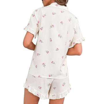 Verdusa Women's 2 Piece Pajama Floral Print Ruffle Trim Short Sleeve Top and Shorts PJ Set Beige S