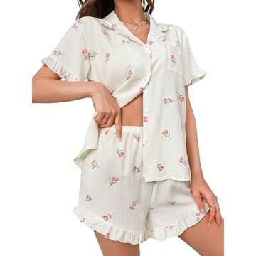 Verdusa Women's 2 Piece Pajama Floral Print Ruffle Trim Short Sleeve Top and Shorts PJ Set Beige S