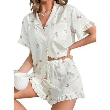 Verdusa Women's 2 Piece Pajama Floral Print Ruffle Trim Short Sleeve Top and Shorts PJ Set Beige S