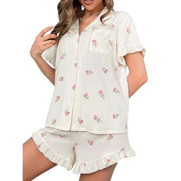 Verdusa Women's 2 Piece Pajama Floral Print Ruffle Trim Short Sleeve Top and Shorts PJ Set Beige S