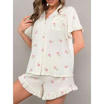 Verdusa Women's 2 Piece Pajama Floral Print Ruffle Trim Short Sleeve Top and Shorts PJ Set Beige S