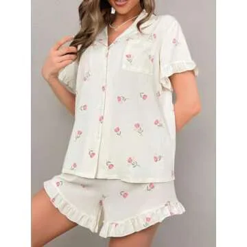 Verdusa Women's 2 Piece Pajama Floral Print Ruffle Trim Short Sleeve Top and Shorts PJ Set Beige S