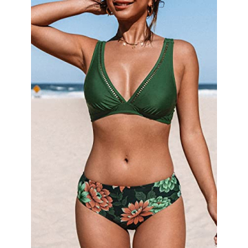 CUPSHE Floral Plunge Mid Waisted Bikini for Women