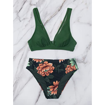 CUPSHE Floral Plunge Mid Waisted Bikini for Women