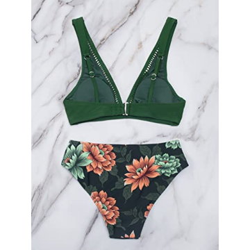 CUPSHE Floral Plunge Mid Waisted Bikini for Women